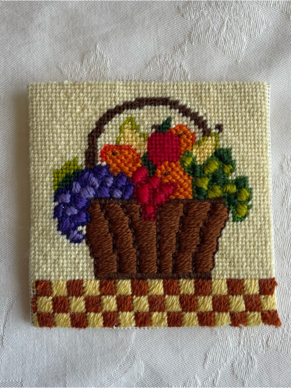 Vintage MCM Crewel Embroidery Fruit Basket Comoleted Sunset ‘75 Boho Cottagecore